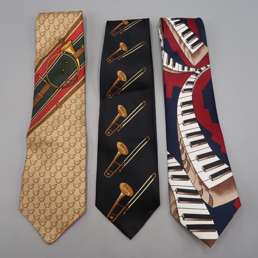 3‎ Music Themed Neck Tie Paino keyboard Trumpet Horn Lot